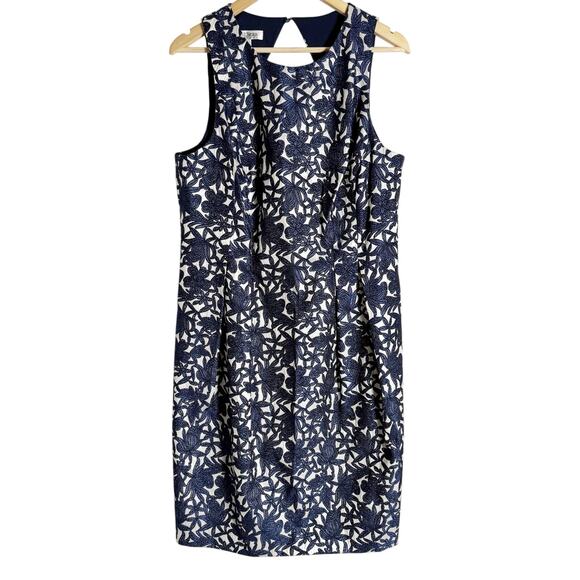 Kay Unger Navy Floral Jacquard Sleeveless Sheath Cocktail Dress Size 16 - Picture 1 of 9